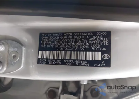 2008 Toyota Yaris z USA, uszkodzony, nr VIN JTDBT903781251568